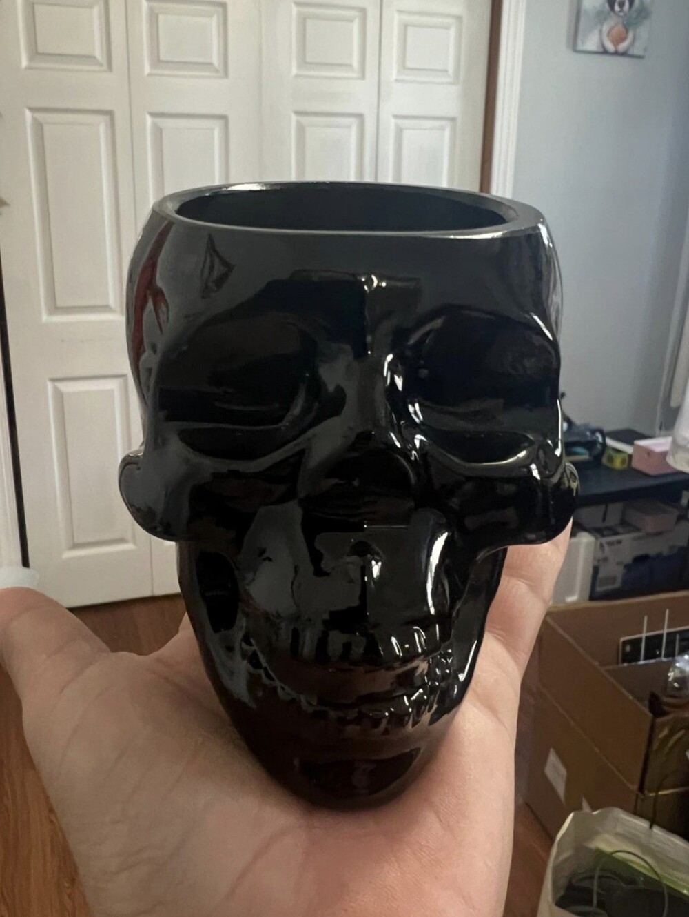 Decorative Candle Shiny Black Ceramic Skull. Halloween Decor.